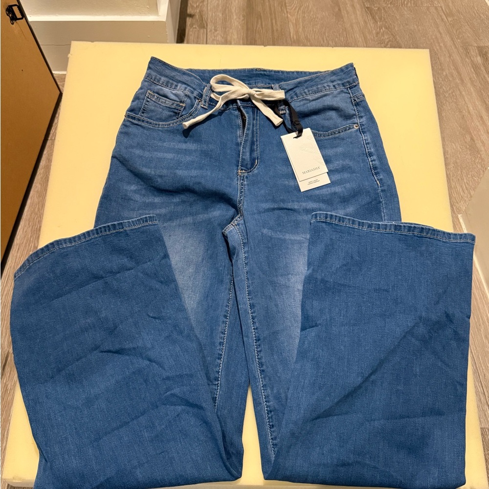 Classic Drawstring Blue Flare Jeans for Women